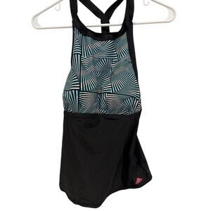 Adidas Swimsuit Womens Large Black Blue Geometric Print Racerback Athletic Swim